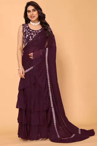 ready to wear wine ruffle georgette saree with embroidered stitched blouse