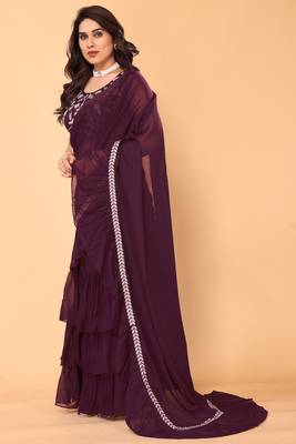 ready to wear wine ruffle georgette saree with embroidered stitched blouse 3