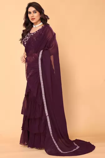ready to wear wine ruffle georgette saree with embroidered stitched blouse