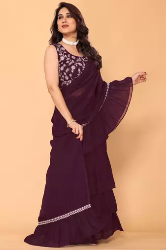 ready to wear wine ruffle georgette saree with embroidered stitched blouse