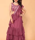 ready to wear pink ruffle georgette saree with embroidered stitched blouse