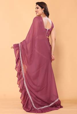 ready to wear pink ruffle georgette saree with embroidered stitched blouse 2