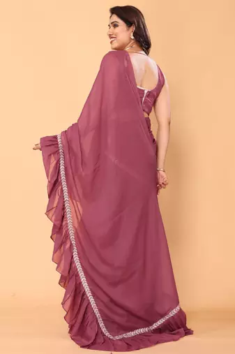 ready made pink ruffle georgette saree with embroidered stitched blouse