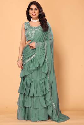 ready to wear green ruffle georgette saree with embroidered stitched blouse 1