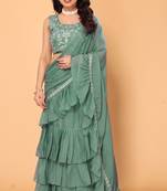 ready to wear green ruffle georgette saree with embroidered stitched blouse