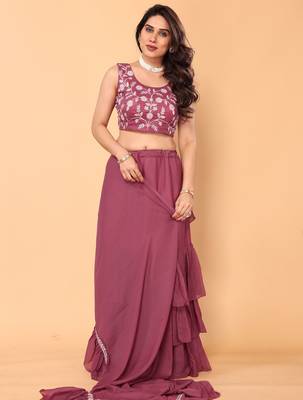 ready to wear pink ruffle georgette saree with embroidered stitched blouse 4