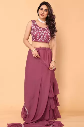 ready made pink ruffle georgette saree with embroidered stitched blouse