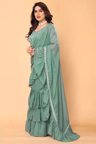 pre-stitched green ruffle georgette saree with embroidered stitched blouse
