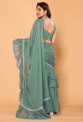 ready to wear green ruffle georgette saree with embroidered stitched blouse 3