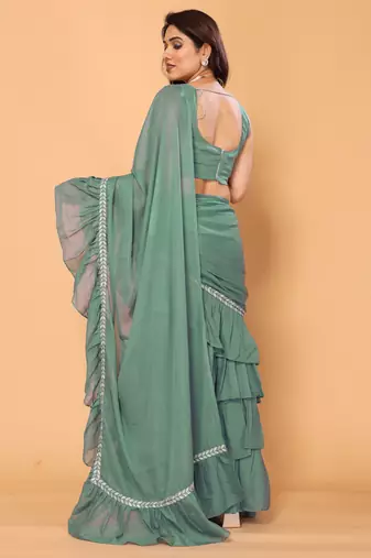 pre-stitched green ruffle georgette saree with embroidered stitched blouse