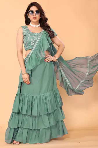 pre-stitched green ruffle georgette saree with embroidered stitched blouse