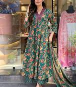 Green Floral Printed Cotton Kurta and Pant Set with Mulmul Dupatta