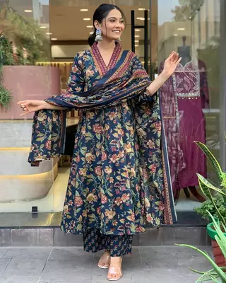 Navy Blue Floral Printed Cotton Kurta and Pant Set with Mulmul Dupatta 1