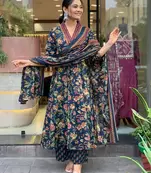 Navy Blue Floral Printed Cotton Kurta and Pant Set with Mulmul Dupatta