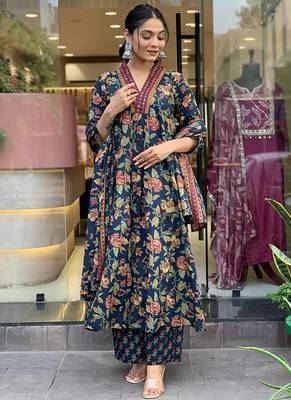 Navy Blue Floral Printed Cotton Kurta and Pant Set with Mulmul Dupatta 2