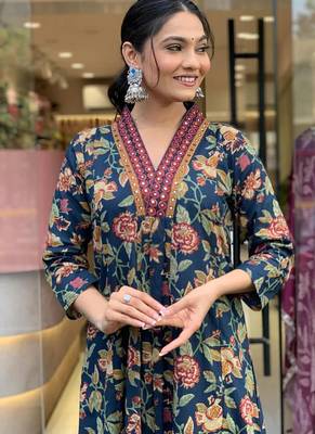 Navy Blue Floral Printed Cotton Kurta and Pant Set with Mulmul Dupatta 3