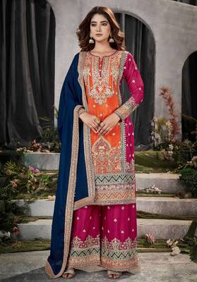 Multi embroidery & mirror work chinnon straight palazzo suit - full stitched suit 1