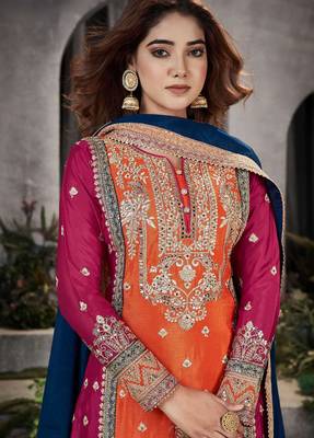 Multi embroidery & mirror work chinnon straight palazzo suit - full stitched suit 2