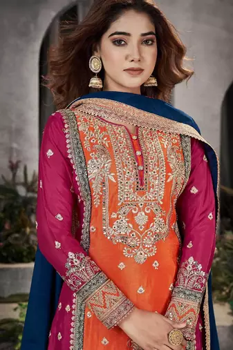 Multi embroidery & mirror work chinnon straight palazzo suit - full stitched suit