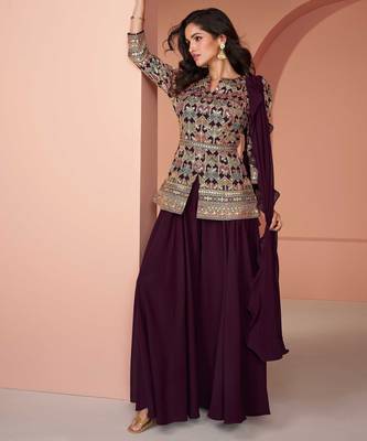 Wine embroidery & sequins work georgette blouse palazzo suit - full stitched suit 1
