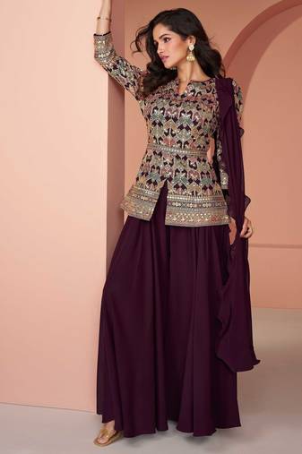 Wine embroidery & sequins work georgette blouse palazzo suit - full stitched suit