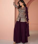 Wine embroidery & sequins work georgette blouse palazzo suit - full stitched suit