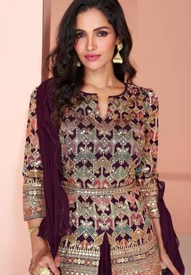 Wine embroidery & sequins work georgette blouse palazzo suit - full stitched suit 2