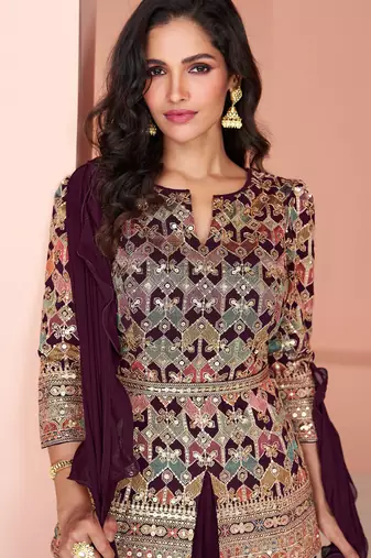 Wine embroidery & sequins work georgette blouse palazzo suit - full stitched suit