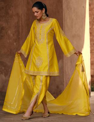 Yellow Embroidery & Sequins Work Silk Punjabi Salwar Suit 1