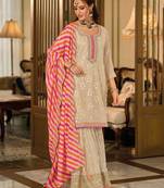 Beige embroidery print & sequins work georgette straight sharara suit - full stitched suit