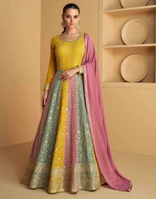 Mustard embroidered & sequins work georgette gown suit 1