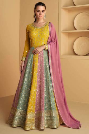 Mustard embroidered & sequins work georgette gown suit