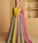 Mustard embroidered & sequins work georgette gown suit