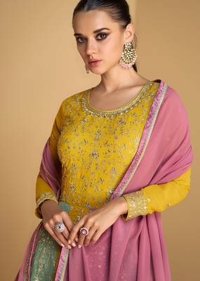Mustard embroidered & sequins work georgette gown suit 2