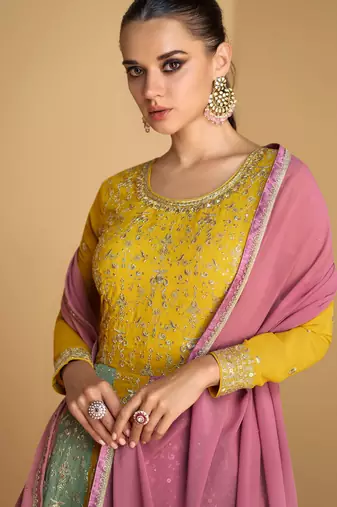 Mustard embroidered & sequins work georgette gown suit