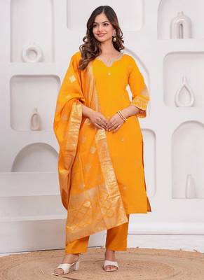 Mustard Embroidered Silk Suit Set with Dupatta 1