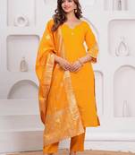 Mustard Embroidered Silk Suit Set with Dupatta