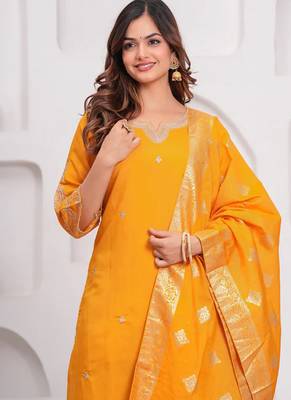 Mustard Embroidered Silk Suit Set with Dupatta 3