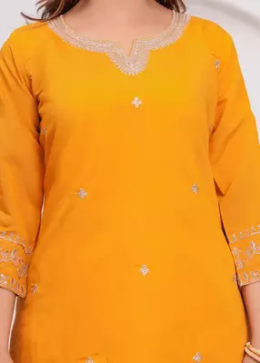 Mustard Embroidered Silk Suit Set with Dupatta 4