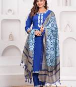 Lapis Blue Embroidered Cotton Suit Set with Dupatta