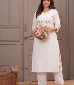 Off White Embroidered Cotton Kurta and Pant Set