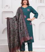 Sea Turtle Green Embroidered Cotton Flex Suit Set with Dupatta