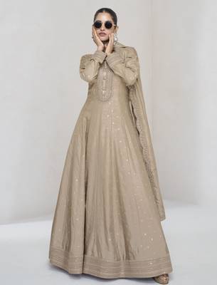 Beige sequins embroidered silk anarkali with dupatta semi stitched 1