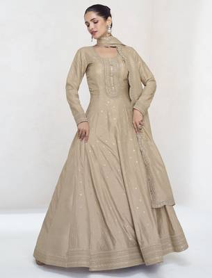 Beige sequins embroidered silk anarkali with dupatta semi stitched 2