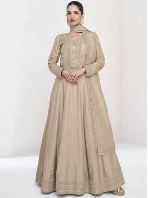 Beige sequins embroidered silk anarkali with dupatta semi stitched 3