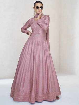 Onion pink beige sequins embroidered silk anarkali with dupatta semi stitched 1