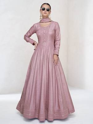 Onion pink beige sequins embroidered silk anarkali with dupatta semi stitched 2