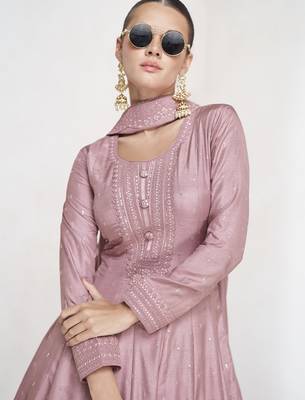 Onion pink beige sequins embroidered silk anarkali with dupatta semi stitched 3