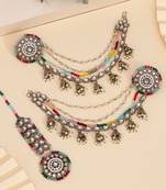 Festive multi color kundan earrings with maang tikka