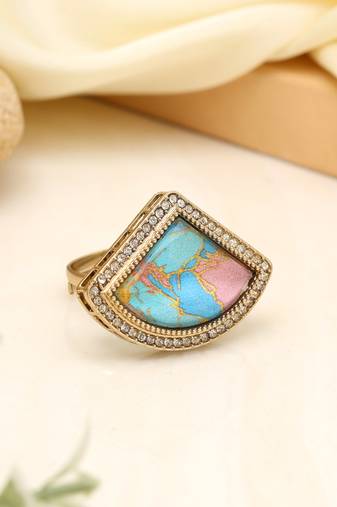 Crystal firozi color kundan ring for women